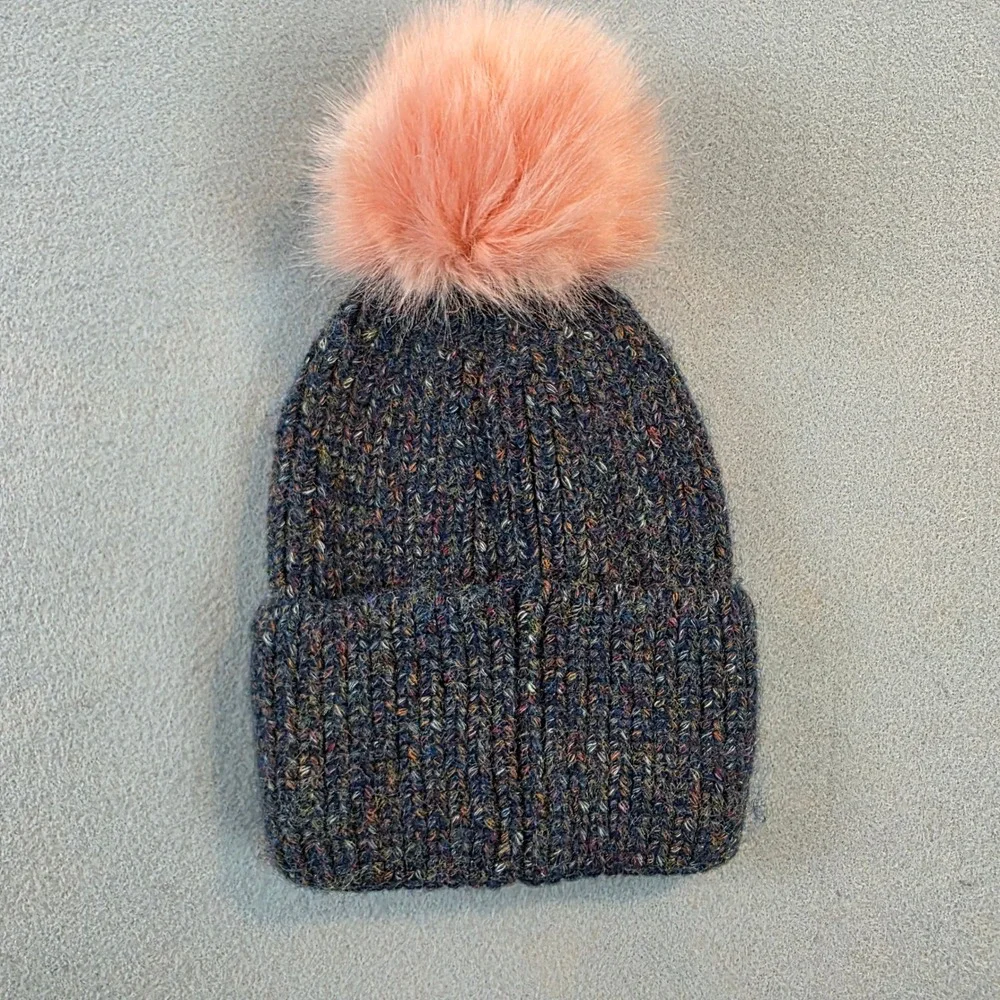 Norla Canada Womens Blue Marled Wool Blend Ribbed Knit Beanie Peach Pom Pom Hat
